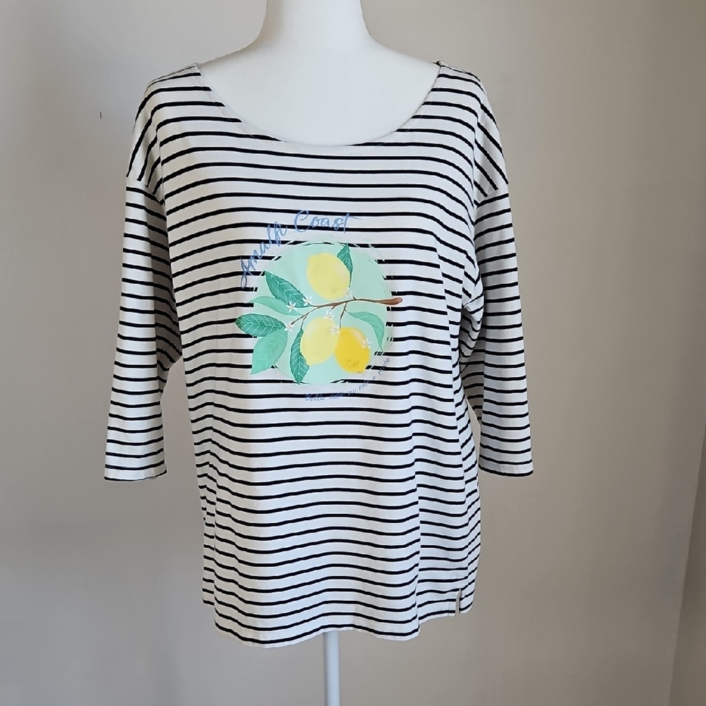 Talbots Striped Cotton Tee 3/4 Sleeve Amalfi Coast Lemon Travel Casual 1X